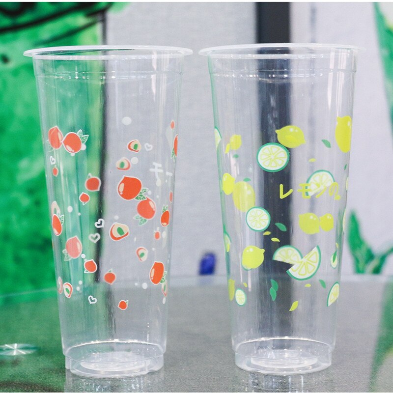 50pcs 90 caliber 500ml transparent cold drink cup fruit lemon peach pattern disposable juice plastic cups with lid