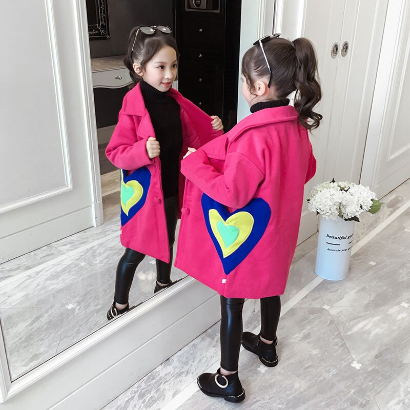 Meisjes Winter Jas Mode Herfst Meisjes Hart Patroon Wollen Jas Tiener Meisje Jas Kleding Dikke Warme Bovenkleding Jas