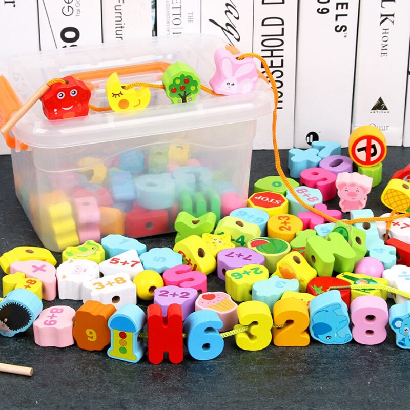 Giocattoli di legno giocattolo fai-da-te cartone animato frutta animale lettera numero Stringing infilatura perline di legno giocattolo Monterssori educativo per bambini