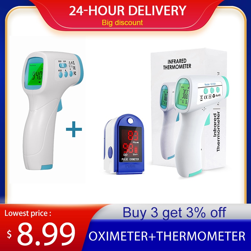 Portable 1/2pcs Fingertip Pulse Oximeter Mini SpO2 Monitor Oxygen Saturation Monitor +Non-Contact Digital Forehead Thermometer