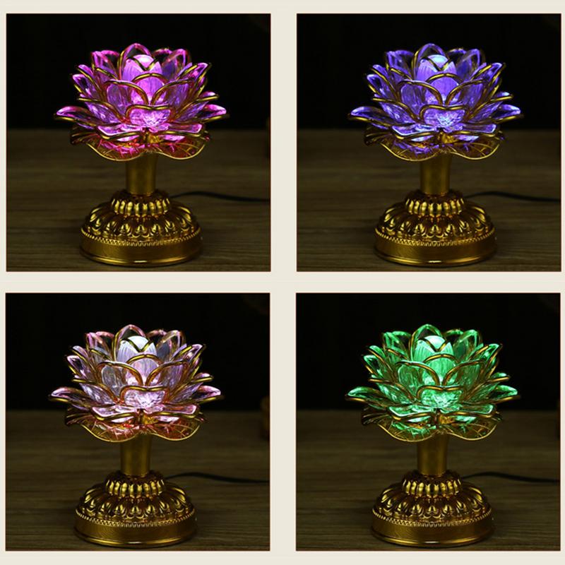 Lotus Flower Lights Buddha Bright Lamp LED Colorful Light Lotus Lanterns Buddha Prayer Machine Goddess Buddhist Music US PLUG