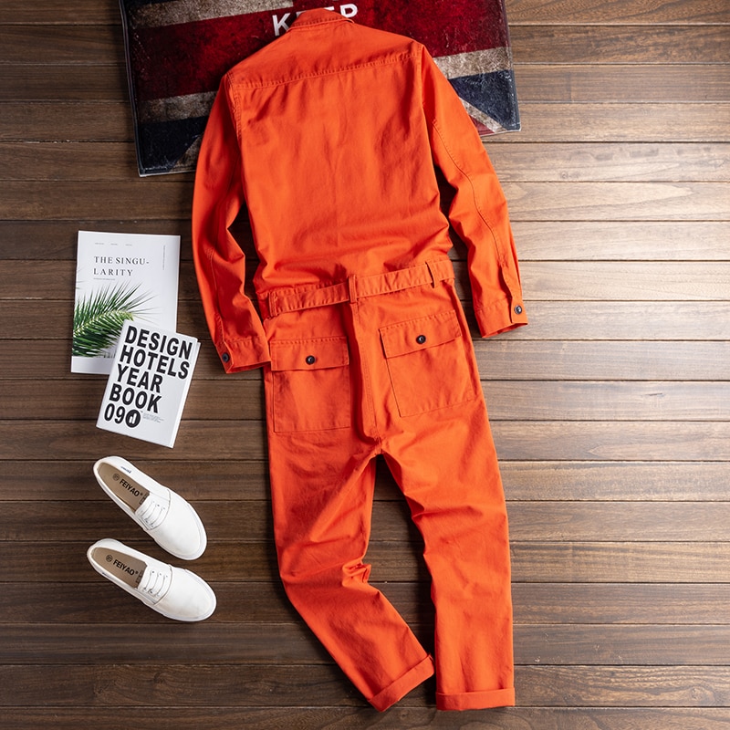 Mono de manga larga con solapa para hombre, peto holgado informal de Hip Hop con múltiples bolsillos, cómodo, color naranja y rojo, novedad de