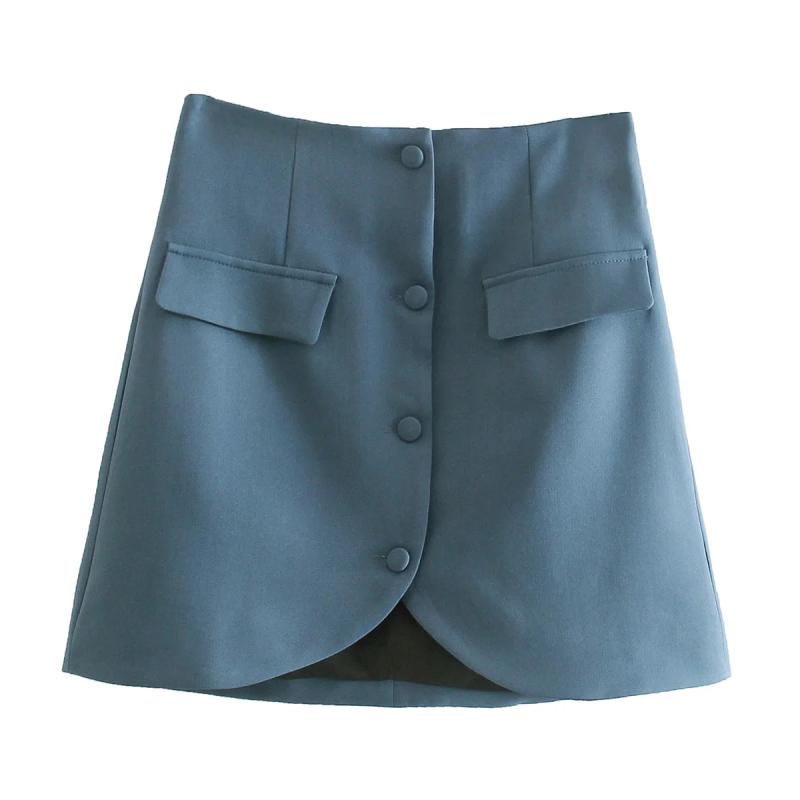 Falda azul para mujer, trajes a la de 2 botones, Chaqueta corta con bolsillos de imitación, minifaldas, conjuntos elegantes para mujer