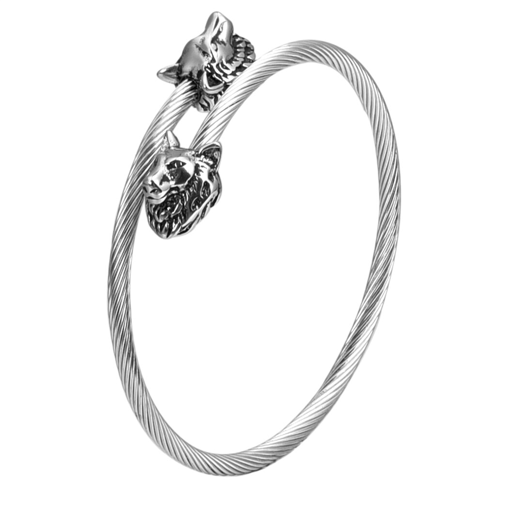 Trendy testa di lupo fascino in acciaio inossidabile corda di canapa fibbia braccialetti aperti bracciale a croce per uomo donna gioielli Unisex: Silver