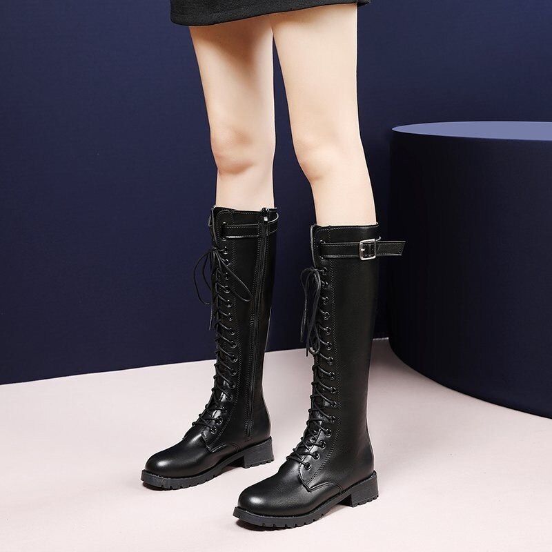 Autumn And Winter New Belt Buckle Stiletto Heel Front Lace-up High Leg Boot