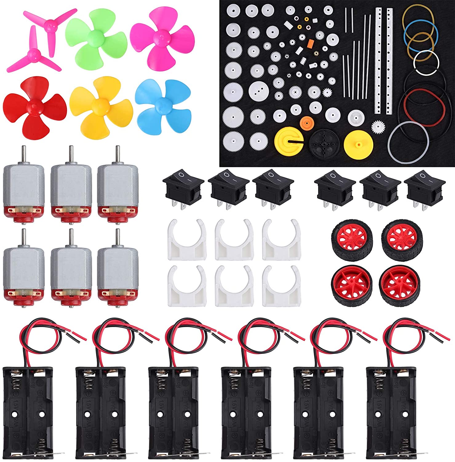 6 Set DC Motor Kit,Electric 1.5-3V 24000RPM Motor with 86 Pcs Plastic Gears,AA Battery Holders,Bracket,Switch,Shaft Propeller