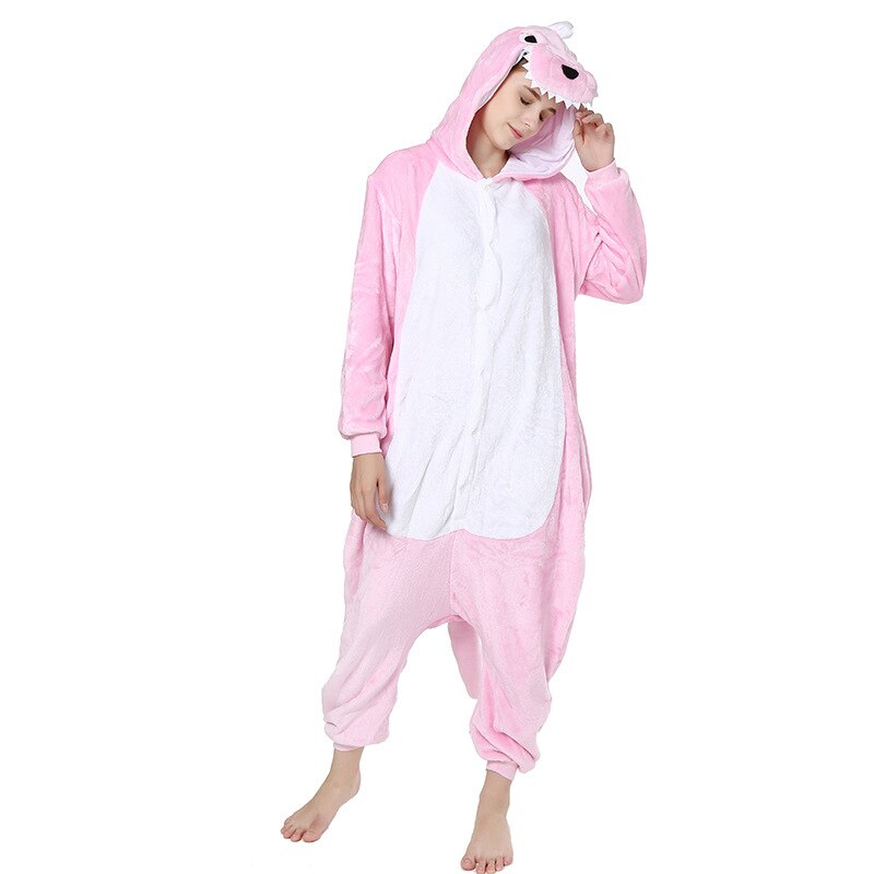 Winter Pink Flannel Pajama Sets Women One-piece Sleepwear Cosplay Dinosaur Kigurumi For Adults Pyjama Femme Stitch Hooded Onesie