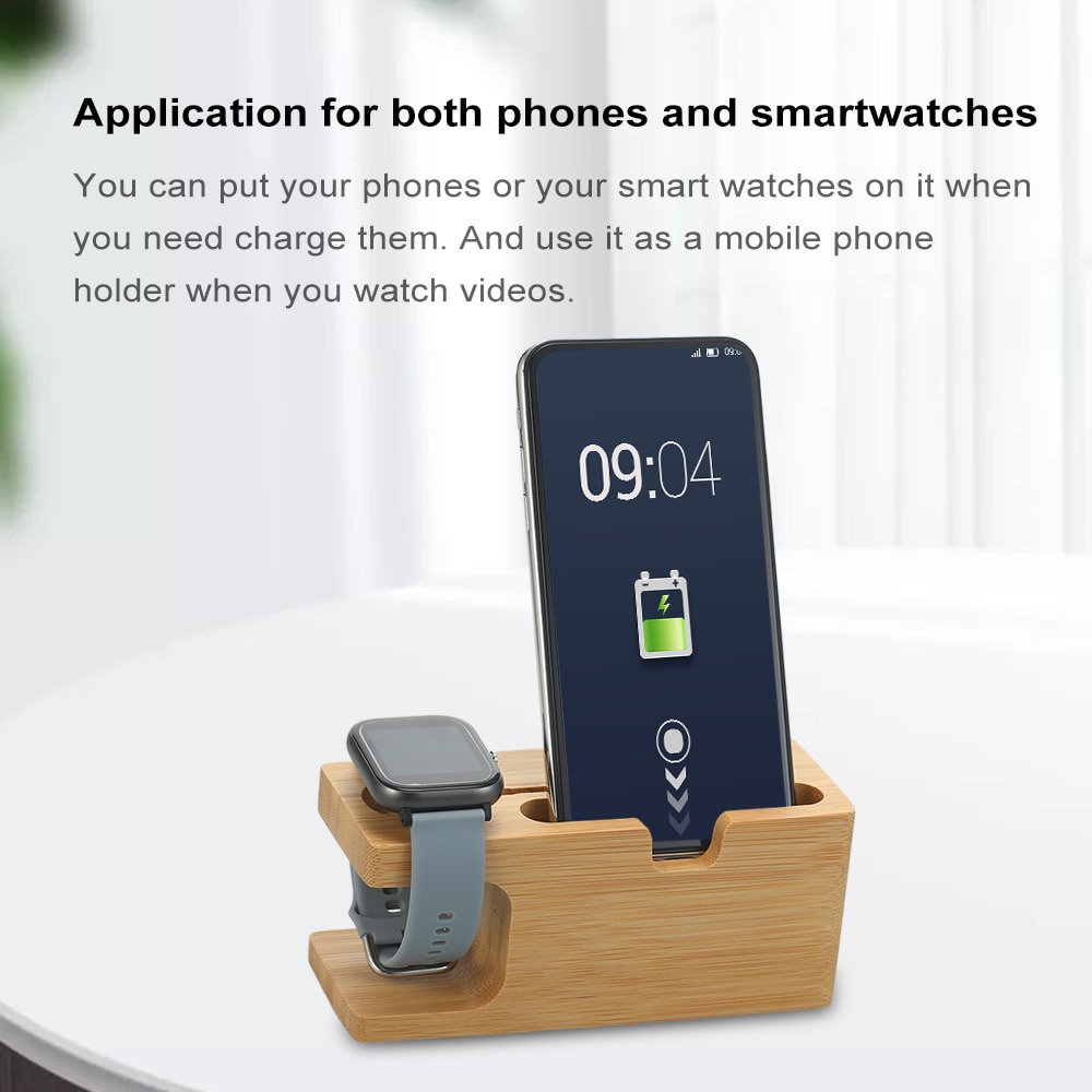 2 in 1 Smartphone Charging Dock Station Bamboo Base Phone Holder Smartwatch Stand Desktop Cradle for Phone Watch
