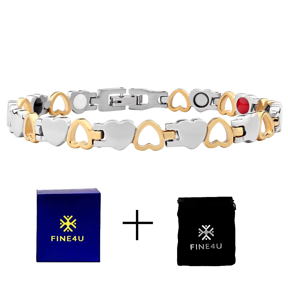 FINE4U B382 zdrowa bransoletka energetyczna Hearted Design stal nierdzewna opieka zdrowotna magnetyczna złota bransoletka łańcuch ręczny dla kobiet: Gold Steel3