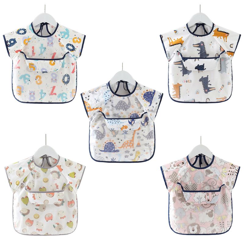Waterproof Baby Bibs Adjustable Neckline Short Sleeve Apron Kids Feeding Smock