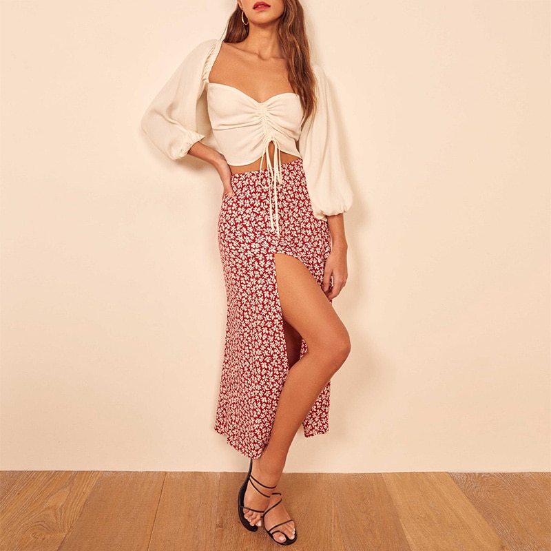 Nederdele kvinder vintage blomsterprint kvinder sommer nederdel side slids høj talje a line midi nederdel chiffon kvinde nederdele tøj