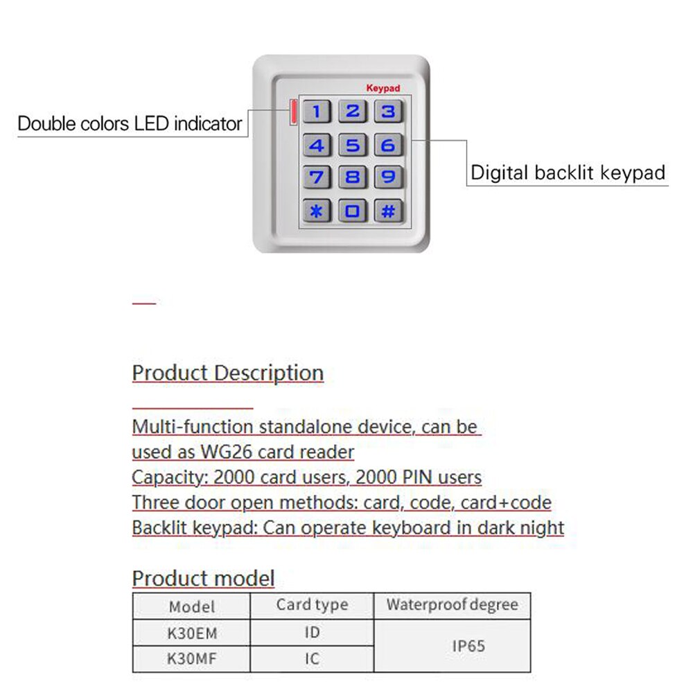 IP65 waterproof RFID Keypad Access Control System Device Machine 13.56MHZ Card Reader Door Lock System Keyfobs 2000 users WG26