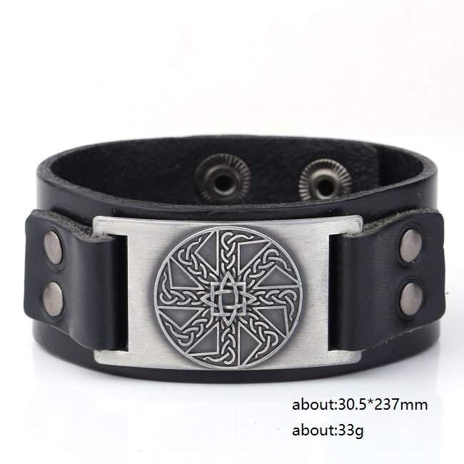 Skyrim-pulsera de cuero eslava para hombre, anís estrellado, amuleto redondo cerrado, pulsera ancha trenzada, brazalete Vikingo, joyería Vintage: black-silver