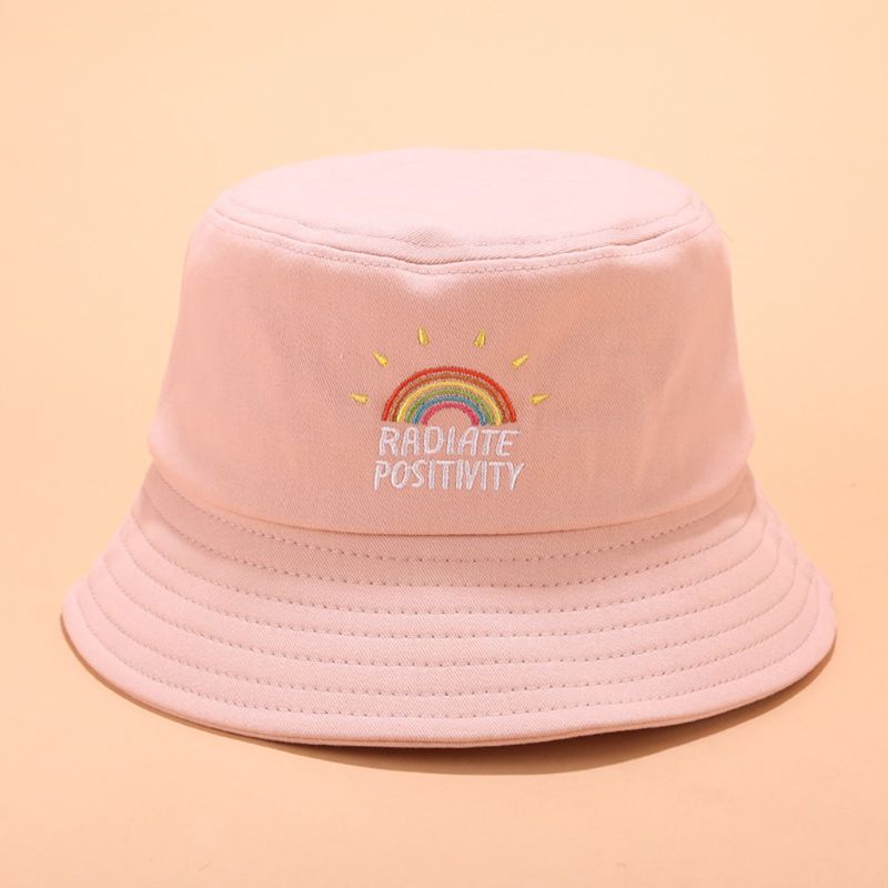 Women Girl Preppy Style Flat Top Bucket Hat Rainbow Letters Embroidery Candy Color Harajuku Hip Hop Student Summer Fisherman Cap