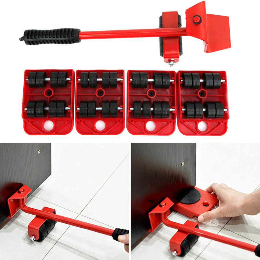 Juego de Herramientas para Mover muebles elevador de Transporte de muebles, herramientas para Mover cosas pesadas, rodillo para Mover 4 ruedas + 1 Barra de rueda, conjunto de herramientas de mano