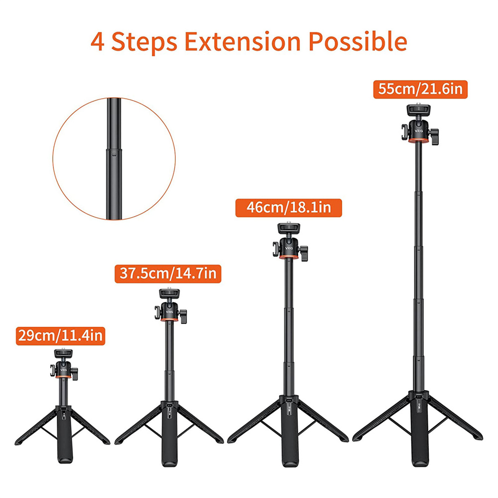 VRIG TP-06 trípode de teléfono con cámara de 4 secciones con cabezal esférico 360 zapato frío palo de Selfie trípode soporte para iPhone 15 14 13 12 cámara de teléfono