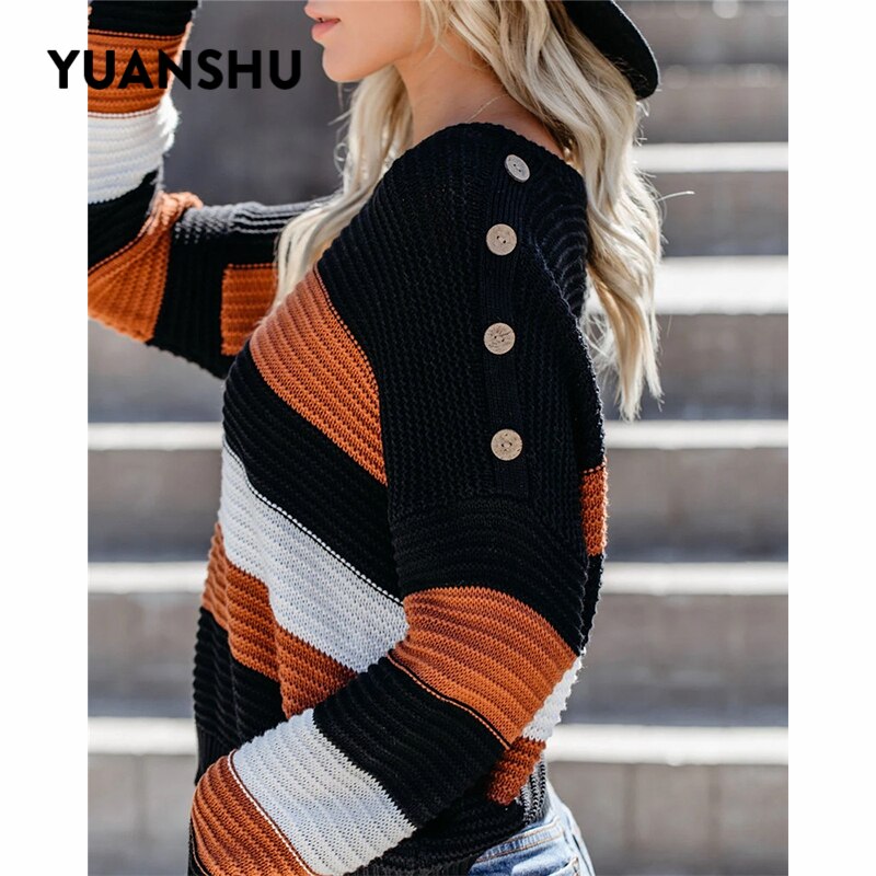 YUANSHU Pull Femme Casual Oranje Gestreepte Trui Vrouwen Warm Gebreide Trui Herfst Winter Losse Dames Tops Vrouwelijke Jumper