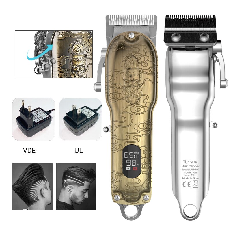 Resuxi a -jm106 all metal trådløs klipper 2500 mah 5 timer salon brug hårklipper trimmer guld barber mænd hår