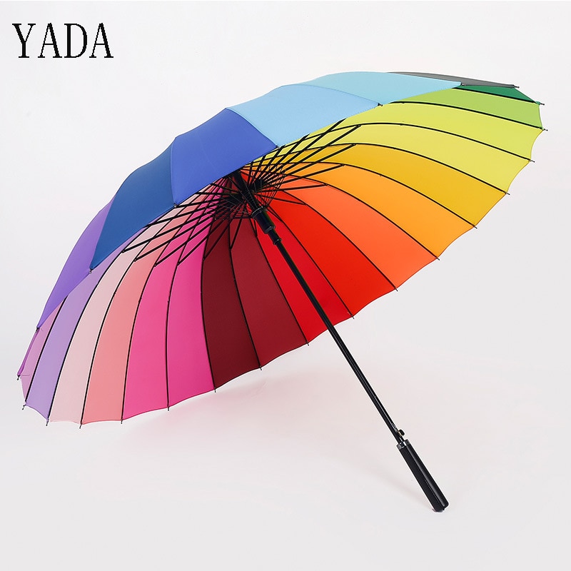 YADA 24 karat Bunte Regenbogen Regenschirm Regen Für Frauen Winddicht Lange Griff Regenschirme Starke Rahmen Wasserdichte Regenschirm YS254