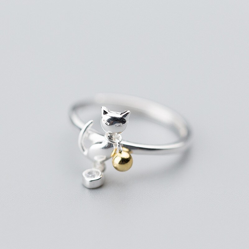 Bamos Weibliche Katze Ring Einfache Echt Silber Farbe Offene Ringe Für Frauen Jahrgang Hochzeit Ebene Schmuck