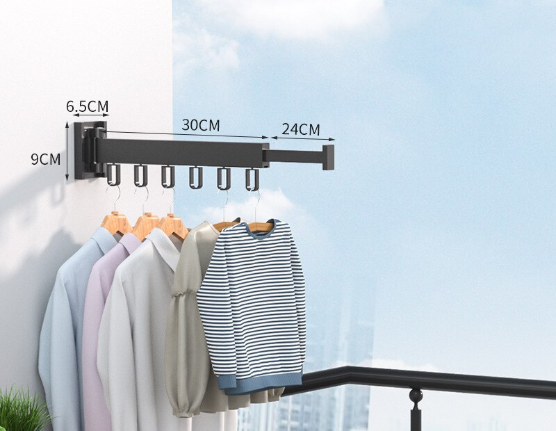 Vouwen Kleding Rek Muurbevestiging Verdikte Aluminium Kleding Organizer Thuis Intrekbare Indoor Balkon Doek Drogen Hanger: Black 30cm