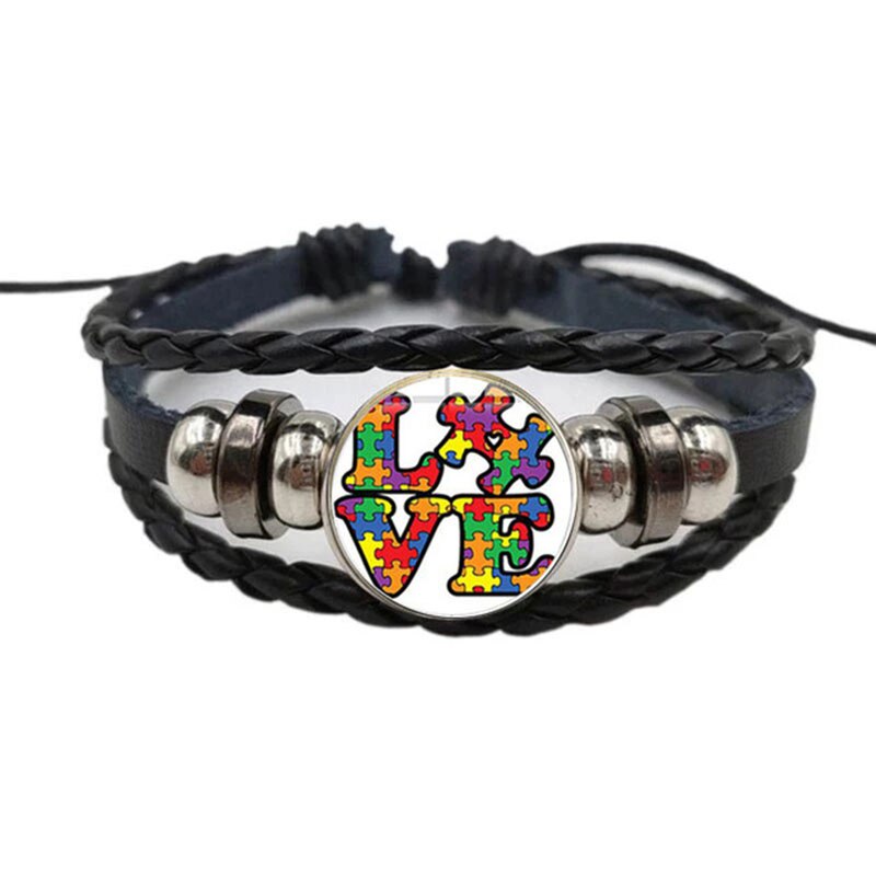 Puzzle Autism Awareness Bracelet Puzzle Ribbon Glass Picture Woven Leather Survival Bracelet Love Hopeful Jewellery: 10