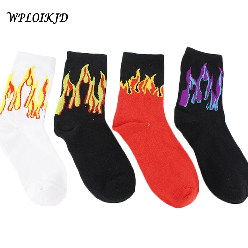 Men Hip Hop Red Yellow Flame Crew Socks Lifelike Jacquard Fire Socks Classic Street Skateboard Cotton Long Unisex Socks