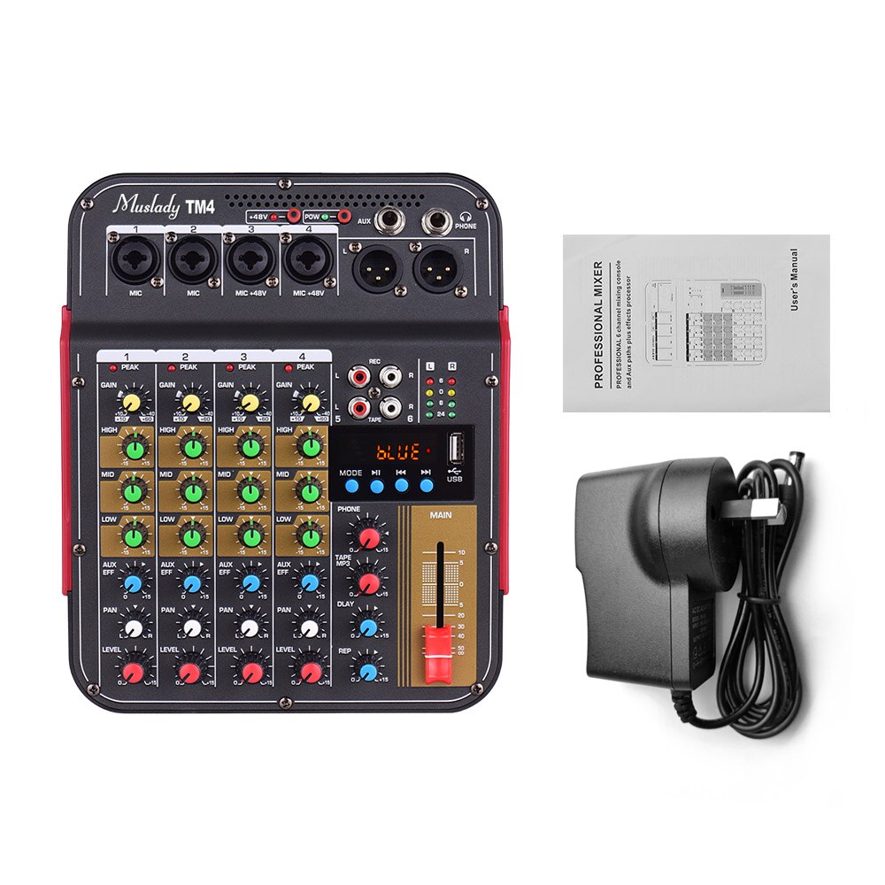 Muslady TM4 Digital 4-Channel Audio Mixer Mixing Console Built-in Phantom Power with Audio System for Studio Recording: AU Plug