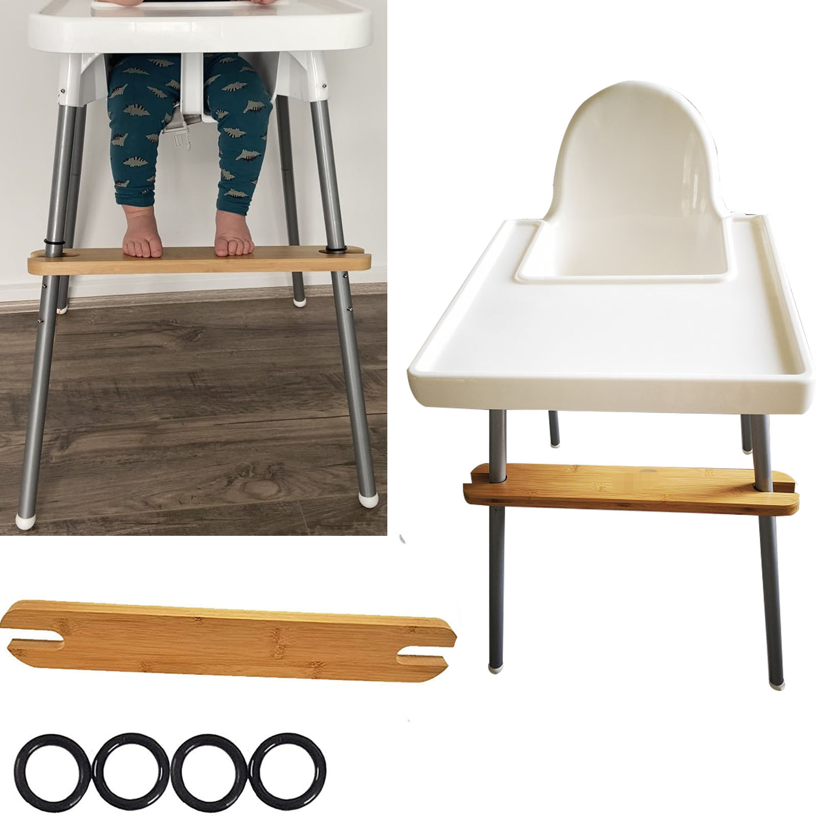 Repose-pieds en bambou naturel pour bébé, chaise haute avec anneaux en caoutchouc