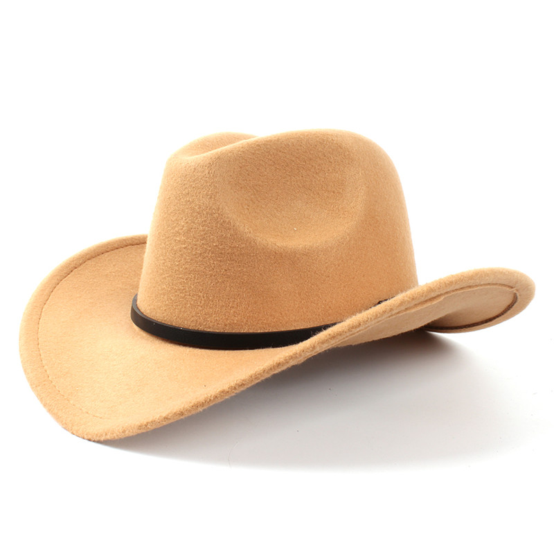 Vintage uld kvinders mænds vestlige cowboy hat til gentleman lady vinter jazz cowgirl wide brim church sombrero caps størrelse 56-57cm: Khaki