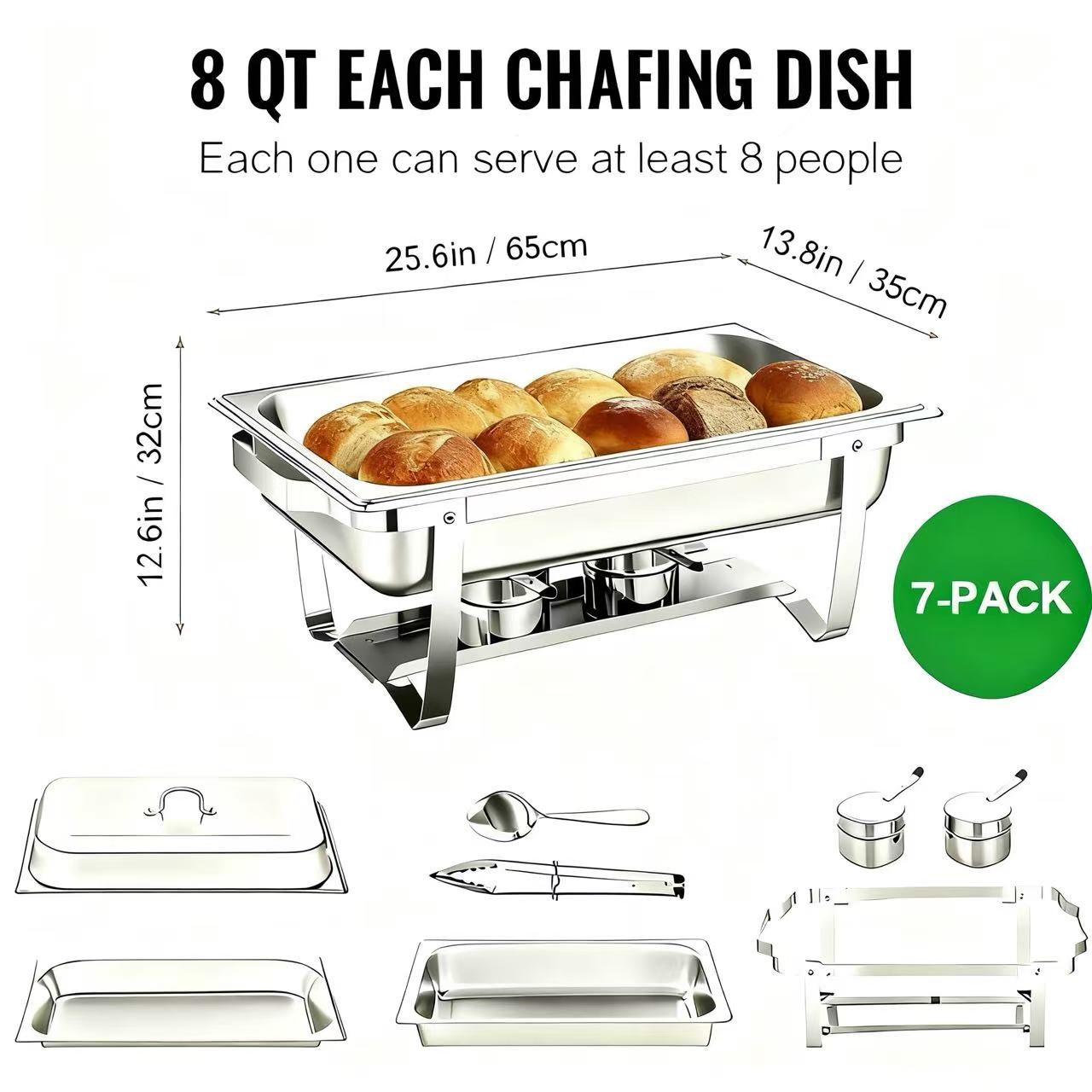 Varmefat buffetsett , 8 qt stk. 6- pakning, varmefat i rustfritt stål med 6 full størrelse panner, rektangulær cateringvarmer med lokk