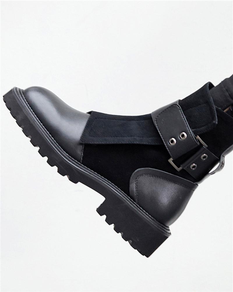 Botas de motorista de piel sintética con cinturón, de tacón bajo, estilo casual callejero negro