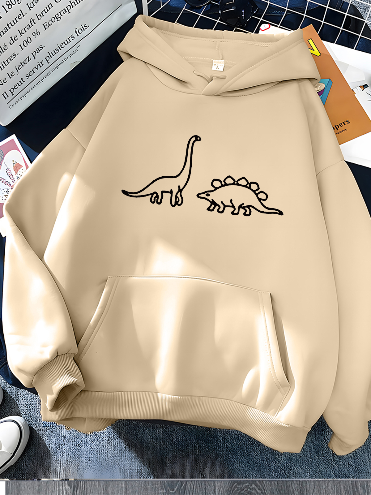 Hirsionsan-sudaderas con capucha con estampado de dinosaurios Kawaii para mujer, ropa deportiva informal holgada y suave, sudadera de lana para mujer 2023: S / Caqui