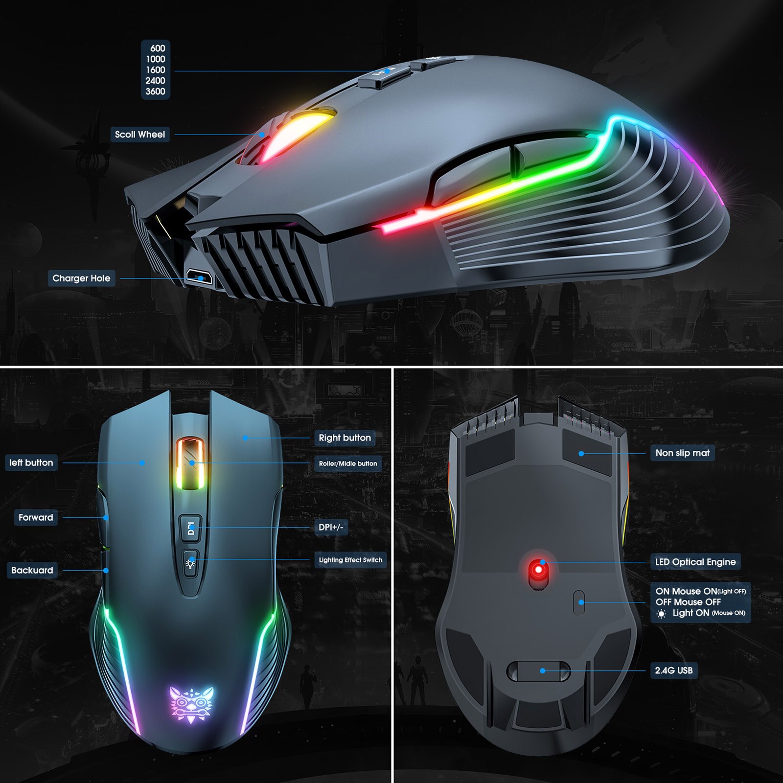 Onikuma  cw905 kabellose gaming-maus mit rgb-hintergrundbeleuchtung, optische e-sport-maus, 3600 dpi 2.4g 5- geschwindigkeiten , 7 tasten für laptops