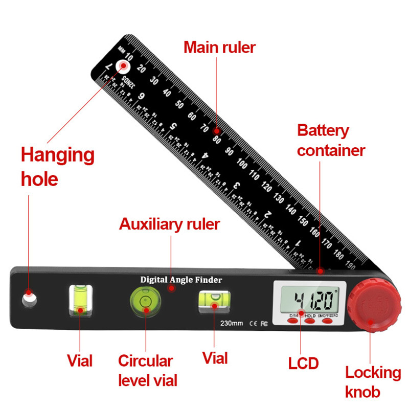 3-piece Set Digital Caliper Level and Angle Ruler Height Ruler Depth Ruler Multi-function Measuring Tool Woodworking Tool
