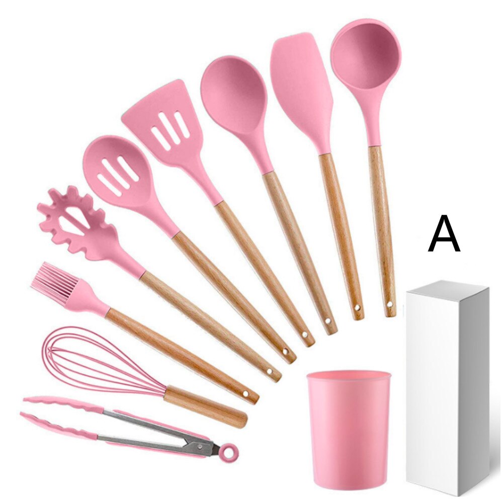 Set van 9 siliconen keukengereedschappen, spatel, spatel, kwast, eierklopper, kookgerei, keukengereedschapset: Een roze instellen