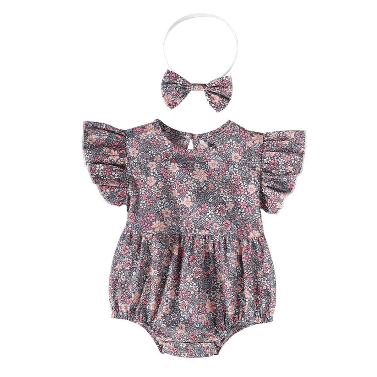 Meisje 2Pcs Bloem Gedrukt Romper Set, fly Mouwen Ronde Hals Driehoek Bodysuit Met Hoofdband Voor 0-24 Baby Zomer Dragen: 4 / 12m
