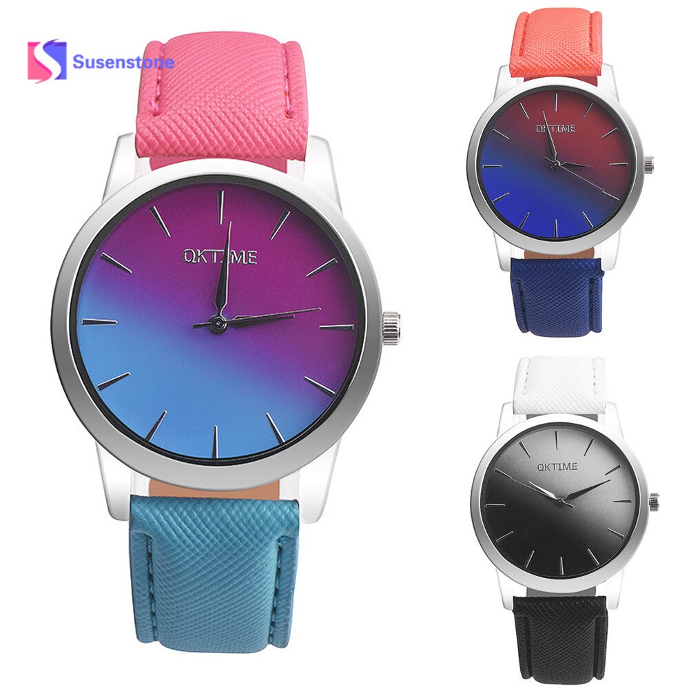 Retro Stijl Regenboog Minnaar Horloge Zachte Effen Trend Lederen Band Analoge Dames Casual Alloy Quartz horloge