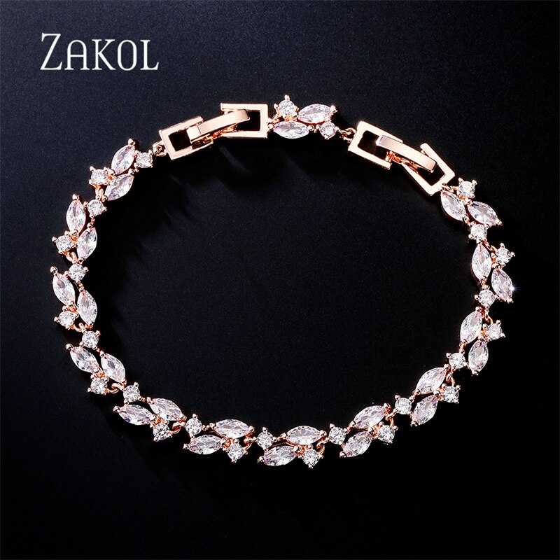 ZAKOL Shiny Cubic Zirconia Women Bracelets Bangles for Brides CZ Leaf Engagement Wedding Jewelry FSBP2104: Rose Gold