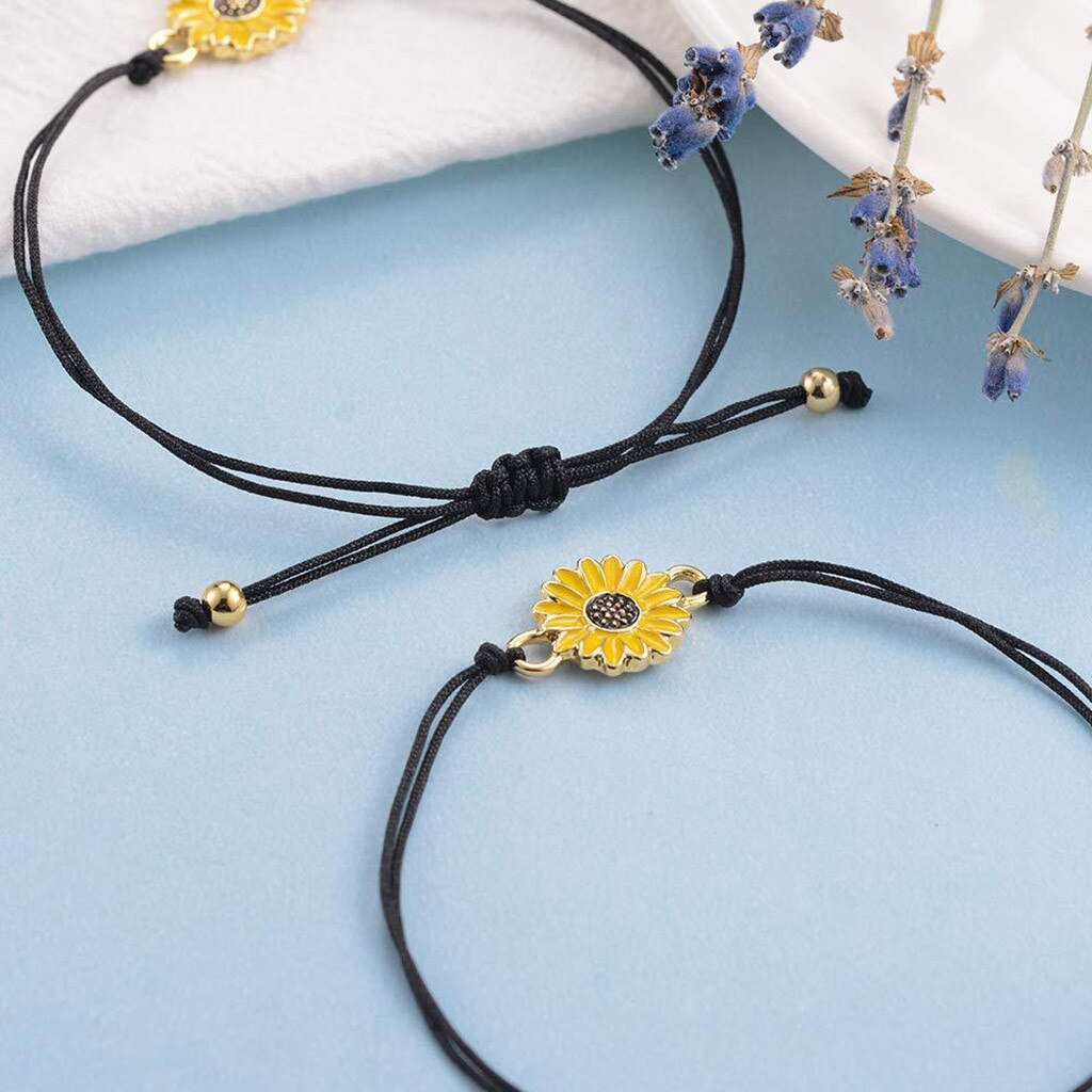 Bracelets Sunflower Sun Flower Daisy Bracelet Alloy Adjustable Woven Card Bracelet Chain Mujer Pulseras