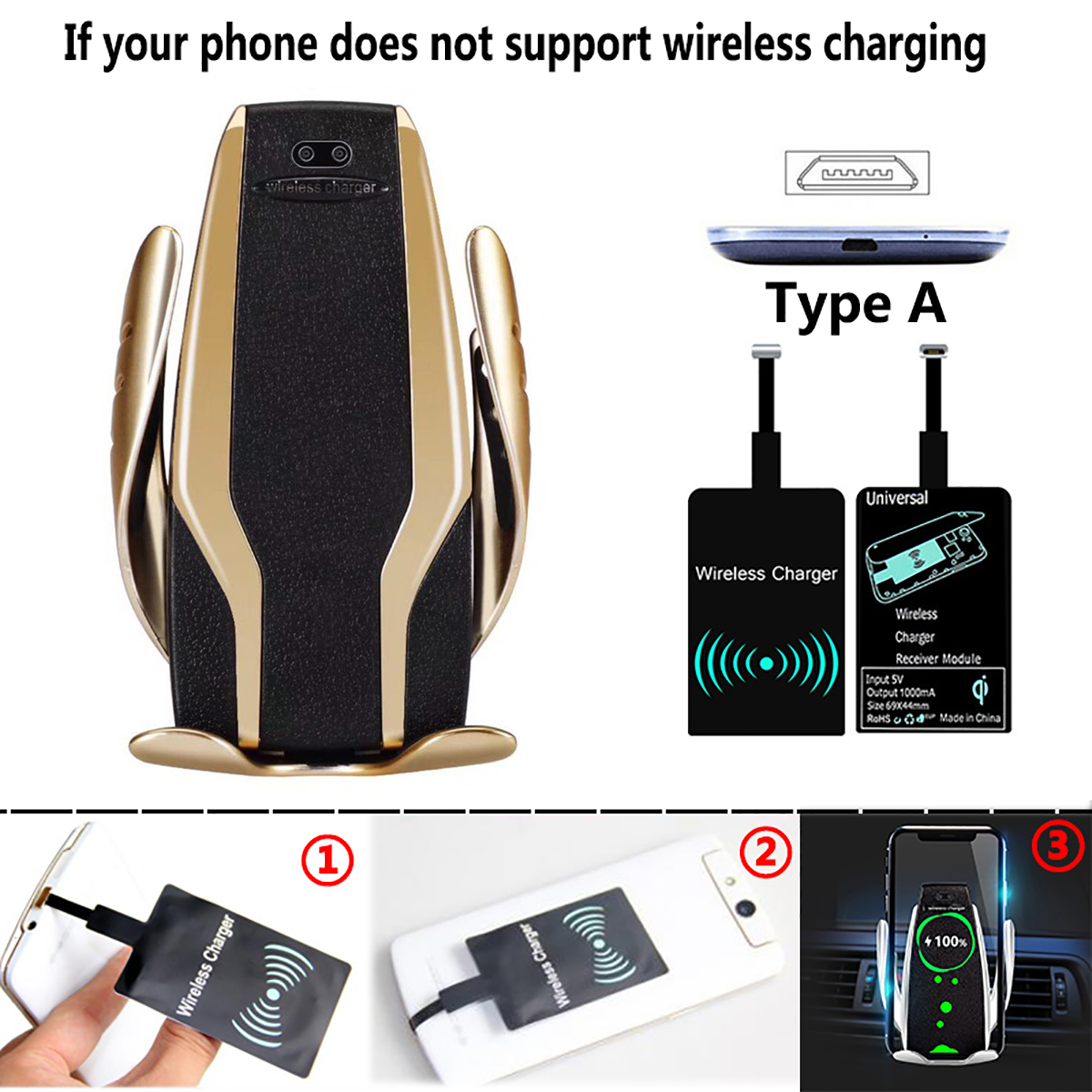 Qi Automatic Clamping Car Phone Holder Fast 10W Wireless Charging Car Charger Holder Mount Air Vent for iPhone X Max XR Samsung: Gold For Android A