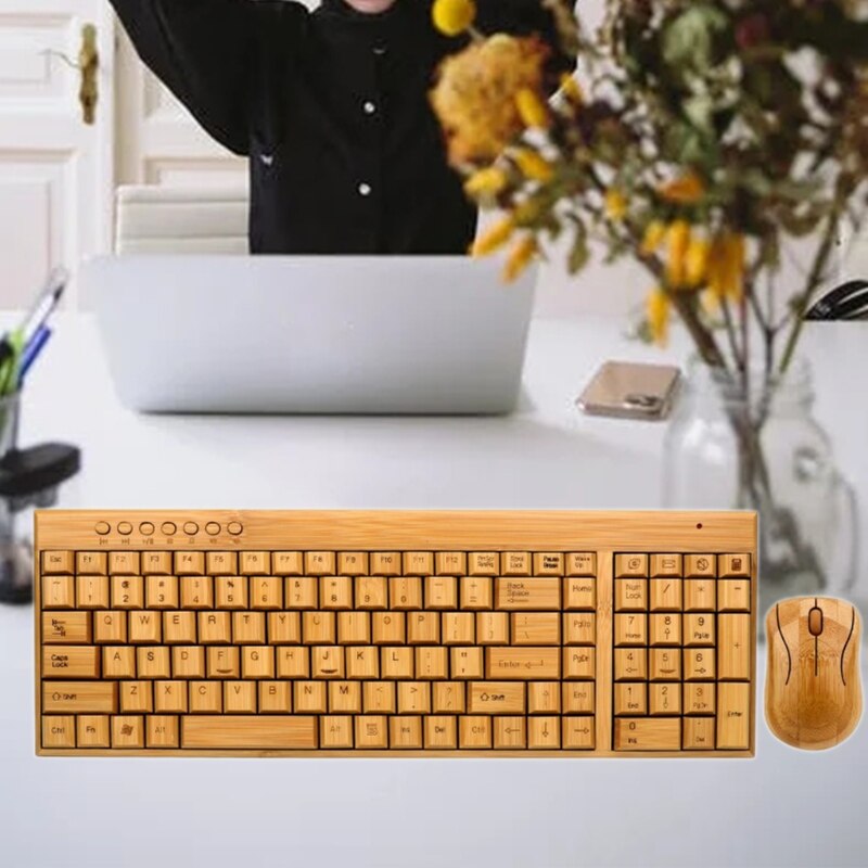 Bamboo Keyboard Mouse Wireless Combo Set For Laptop PC Office USB Plug and Play