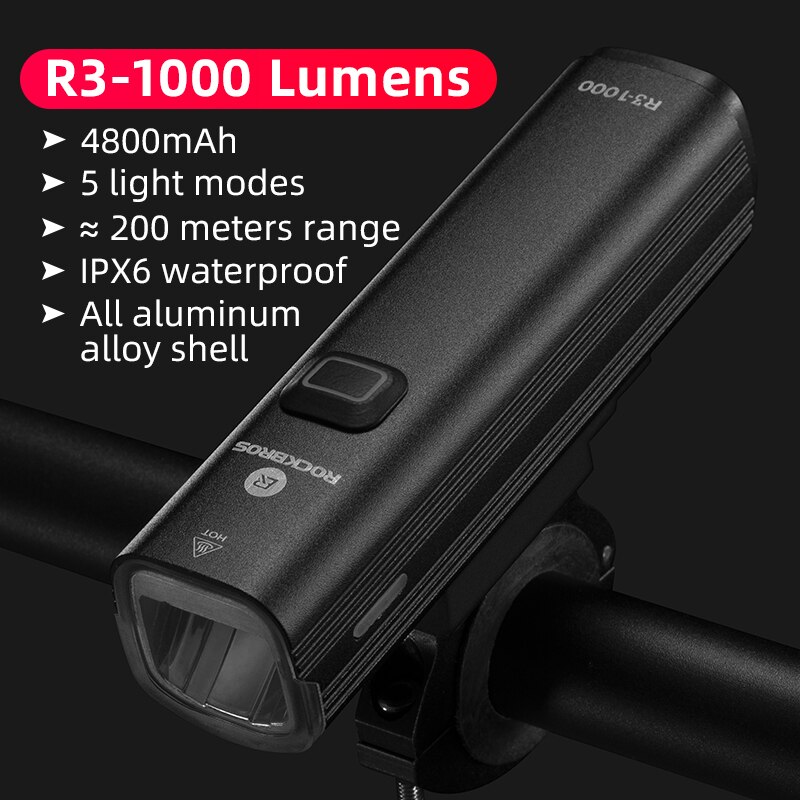 Faro ROCKBROS RHL600 Per Bici, LED Ricaricabile USB, Luce Anteriore MTB E Strada, Alluminio
