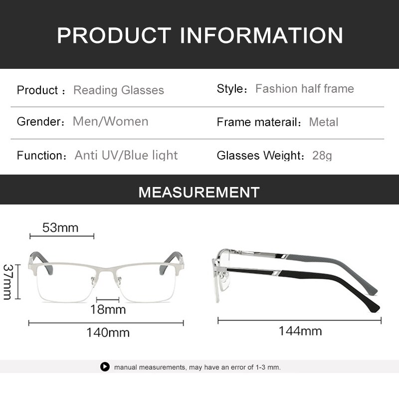 Half Rim Reading Glasses for Men Presbyopia UV Protection Computer Anti-blue Light Radiation Metal Frame Silver 1.5 2.5