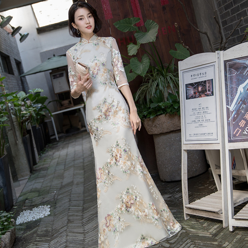 Vestido de cola de pez champán para mujer, gasa de retales moderna mejorada, Qipao , largo, chino tradicional, Retro, Cheongsam