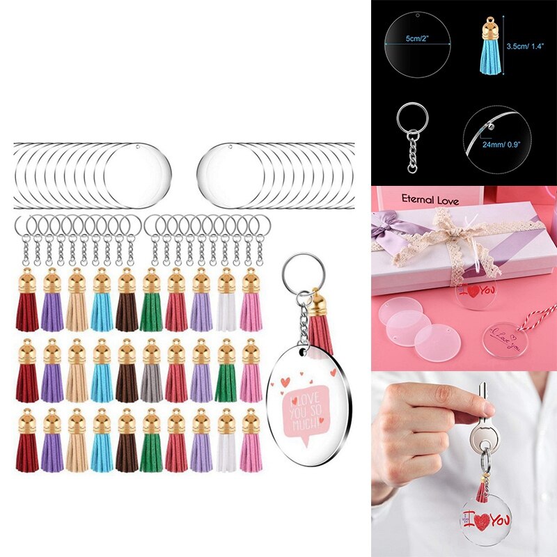 Acrylic Circle Keychain Blanks Clear Kit 120Pcs for Cricut Vinyl Project, Including Acrylic Disc Blanks, Tassels