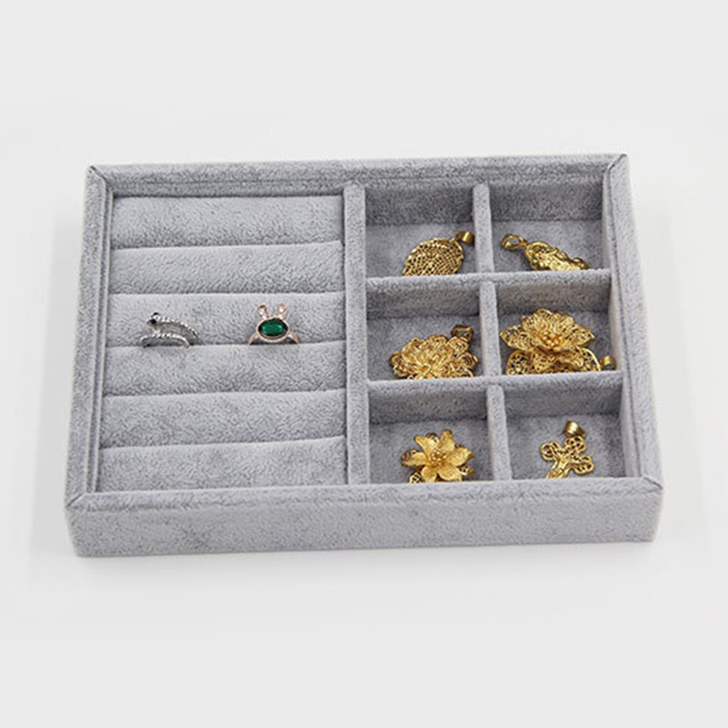 Gray Velvet Stackable Jewelry Display Tray Case For Jewellery: Grid