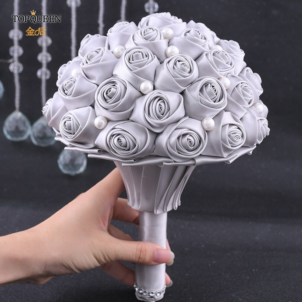 TOPQUEEN F3-GY hecho a mano ramos de novia para boda Premium gris Rosa Flor de satén ramo de rosas de novia para boda accesorios de la boda: bride bouquet