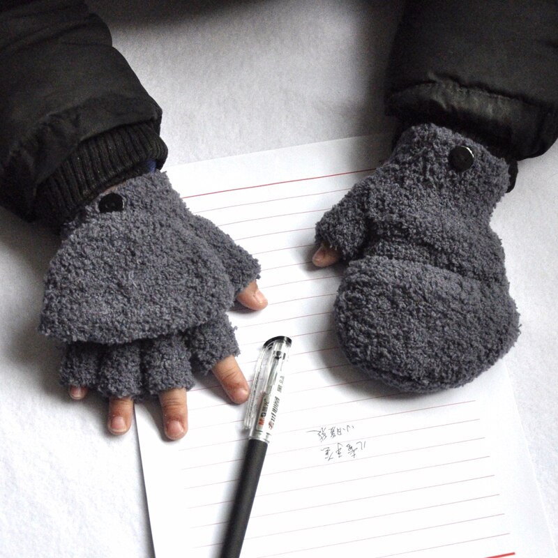 Guantes para niños de la escuela primaria de Cachemira medio dedo Flip Cover Mittens invierno Thicken Warm guantes para niños niñas 5-11Y: Gris oscuro