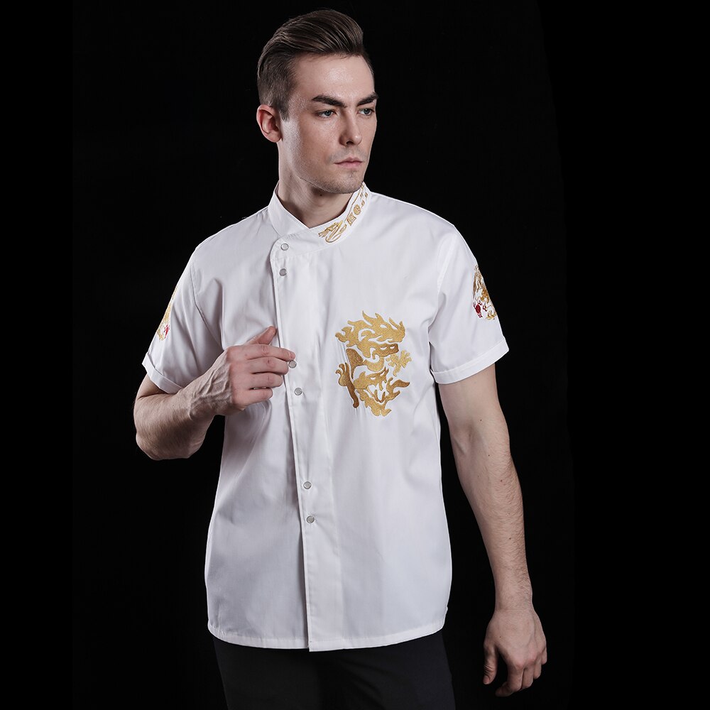 Unisex ademend korte mouwen chef-kok uniform drakentotem koksjas bakkerij chef-kok werkuniform: Wit kokspak / Xl